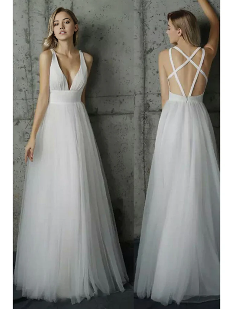 Vestido de novia blanco de corte A con escote en V profundo y sin mangas